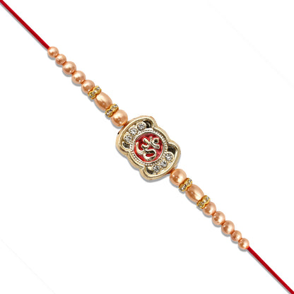 Om Rakhi With Stone Embellishments Golden Beads - warehousetech13