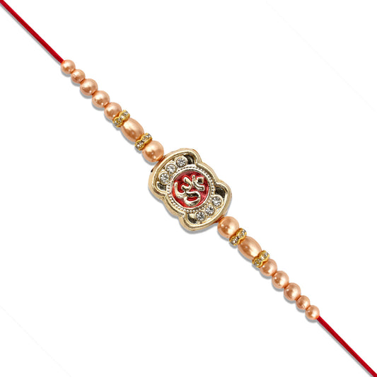 Om Rakhi With Stone Embellishments Golden Beads - warehousetech13