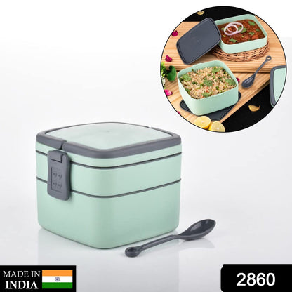 Green Double-Layer Stackable Lunch Box with Carry Handle & Included Spoon