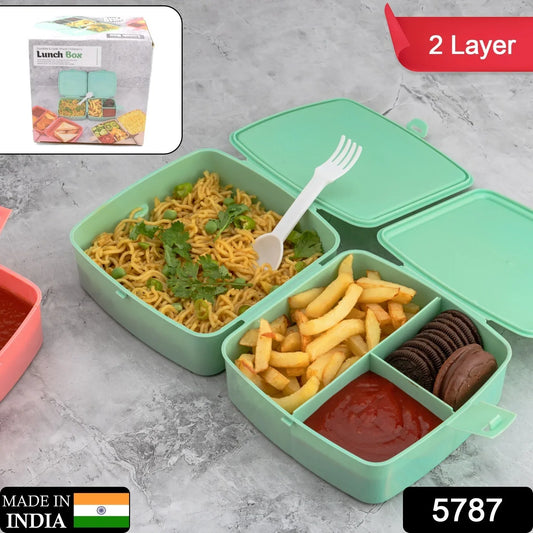 5787 Double-layer Square Lunch Box With Spoon 4 Compartment Tiffin Push Lock Plastic Tiffin Box For Travelling School Kids Office Exclusive Home - warehousetech13