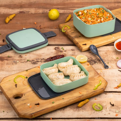 Green Double-Layer Stackable Lunch Box with Carry Handle & Included Spoon