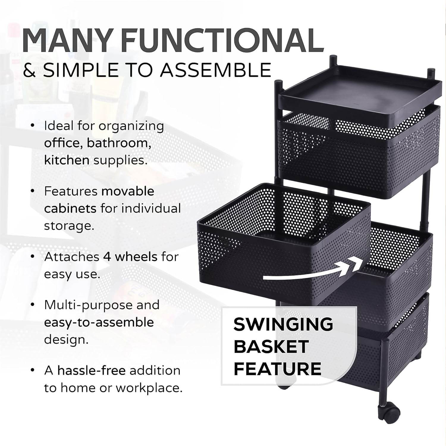 Metal Square High Quality Kitchen Trolley With Wheels (4 Layer 1 Pc) - warehousetech13