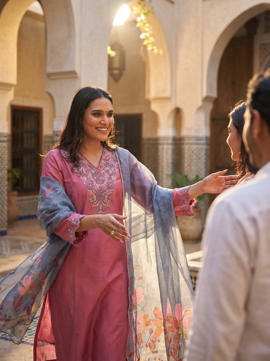 Kayra Blush Pink Embroidered A-Line Suit Set - Chinnon Silk with Cotton Lining