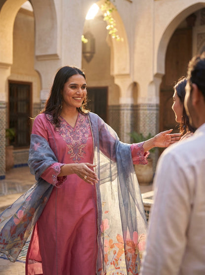 Kayra Blush Pink Embroidered A-Line Suit Set - Chinnon Silk with Cotton Lining