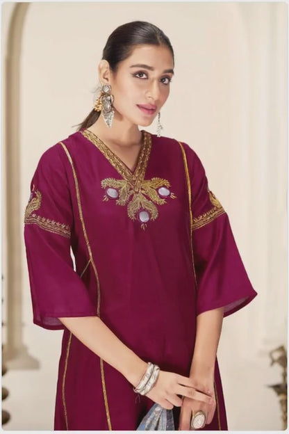 Shruti Silk Kurta Set with Dupatta - Wine & Ice Blue Ethnic Wear for Women