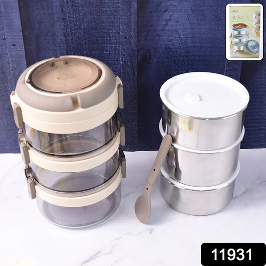 Ganesh Steko-3 Triple Layer Stainless Steel Insulated Lunch Box Set - warehousetech13