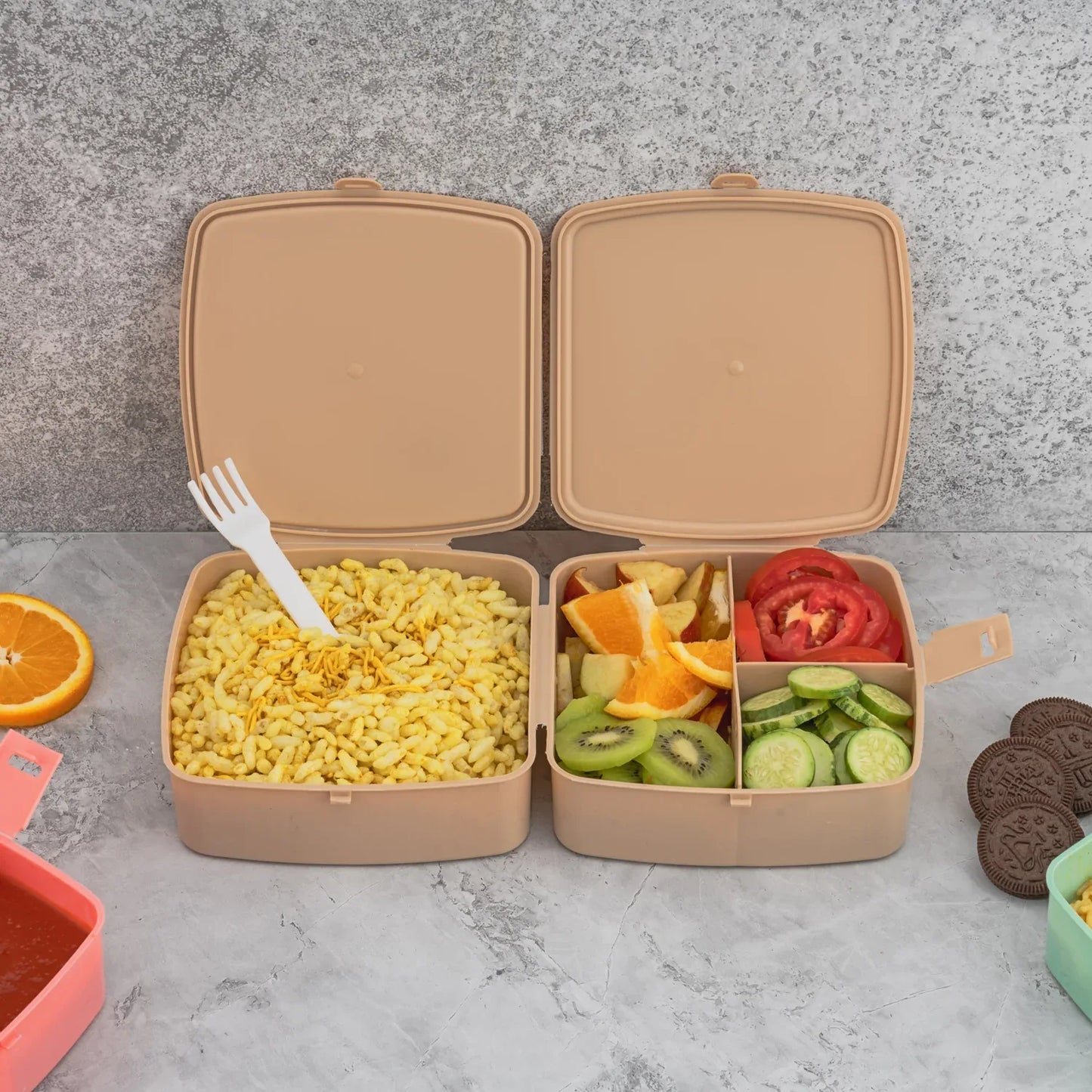 5787 Double-layer Square Lunch Box With Spoon 4 Compartment Tiffin Push Lock Plastic Tiffin Box For Travelling School Kids Office Exclusive Home - warehousetech13