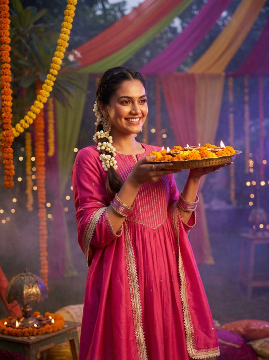 Raajvee Fuchsia & Teal Silk A-Line Kurta Set with Kantha Embroidery & Zari Dupatta