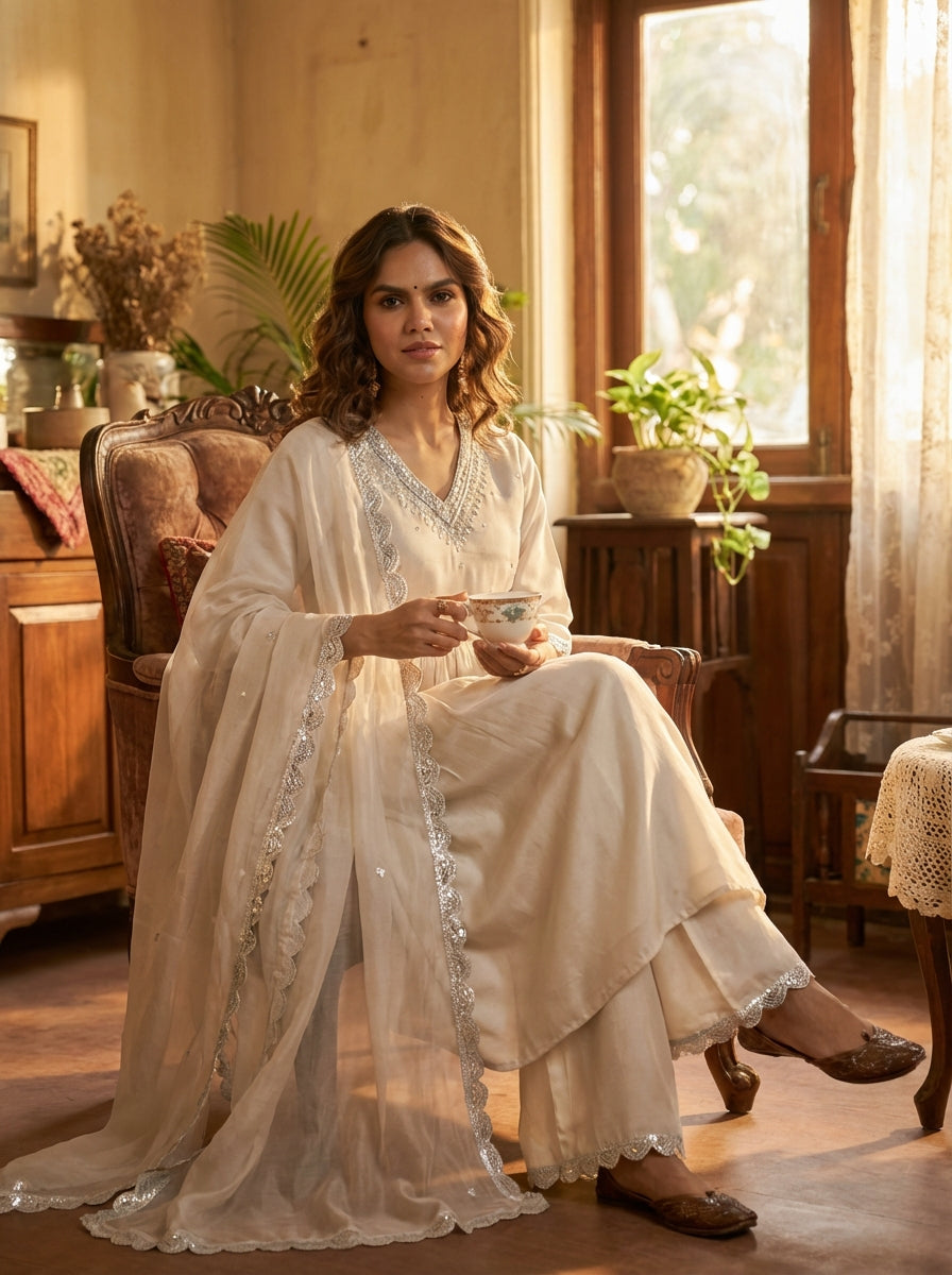 Luxury Ivory & Navy Pure Silk Kurta with Zari, Sequin, Pearl Embellished V-Neck