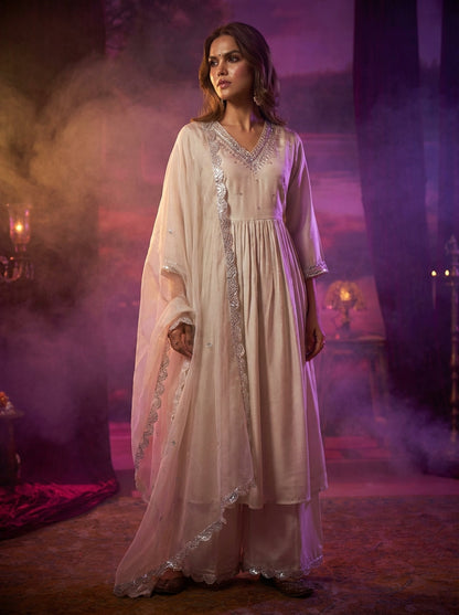 Luxury Ivory & Navy Pure Silk Kurta with Zari, Sequin, Pearl Embellished V-Neck