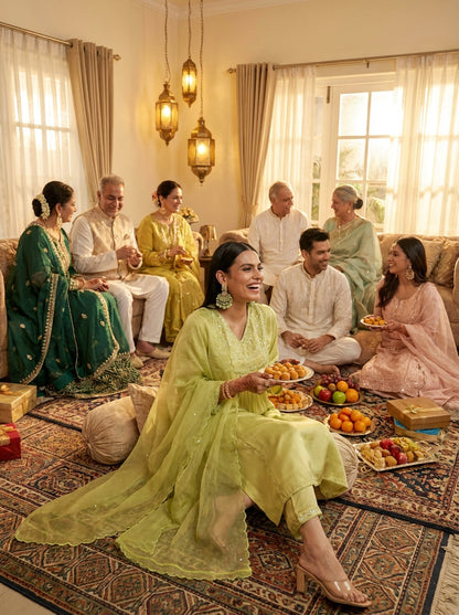 Raajvee Coral & Navy Pure Silk Kurta Set feat. Resham Thread, Glass Bugle & Silk Dupatta