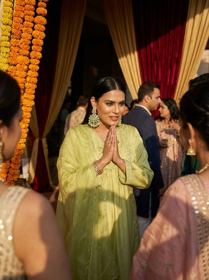 Raajvee Coral & Navy Pure Silk Kurta Set feat. Resham Thread, Glass Bugle & Silk Dupatta