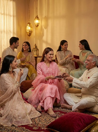 Raajvee Coral & Navy Pure Silk Kurta Set feat. Resham Thread, Glass Bugle & Silk Dupatta