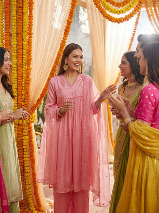 Raajvee Coral & Navy Pure Silk Kurta Set feat. Resham Thread, Glass Bugle & Silk Dupatta