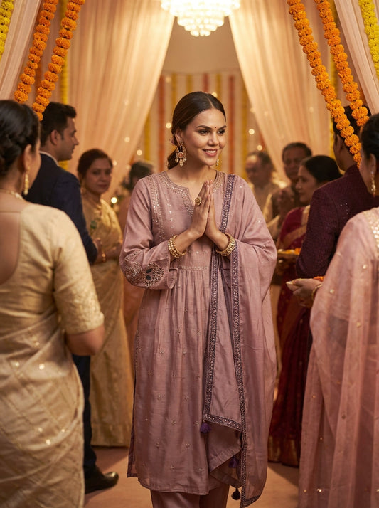 Gorgeous Dusty Rose & Teal Pure Silk A-Line Kurta Set with Zari Resham & Dupatta