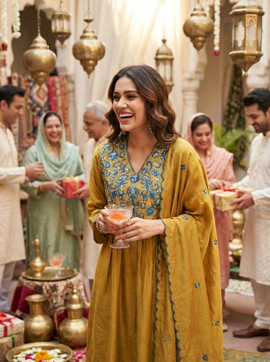 Raajvee Peacock Blue & Mustard Pure Silk Suit Set with Resham Zari Embroidery & Sequin Neckline