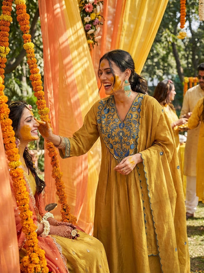 Raajvee Peacock Blue & Mustard Pure Silk Suit Set with Resham Zari Embroidery & Sequin Neckline