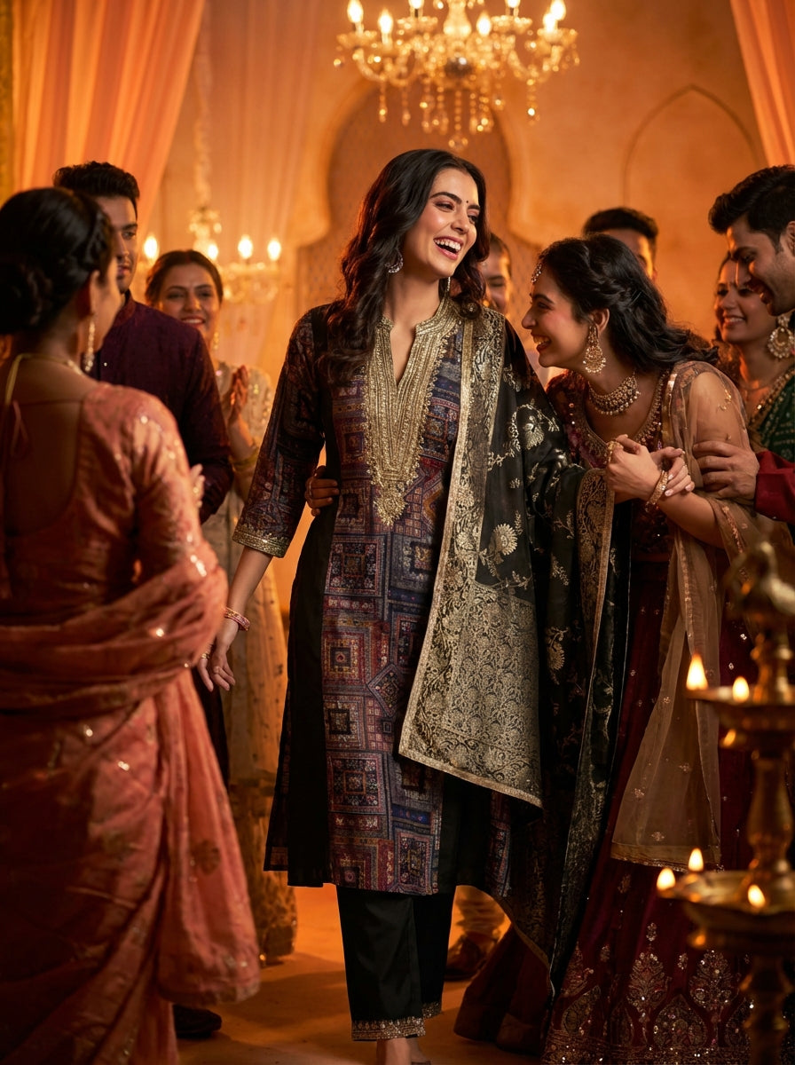 Rashmi Black Thread & Sequins Embellished Chanderi Silk Suit Set with Jacquard Dupatta