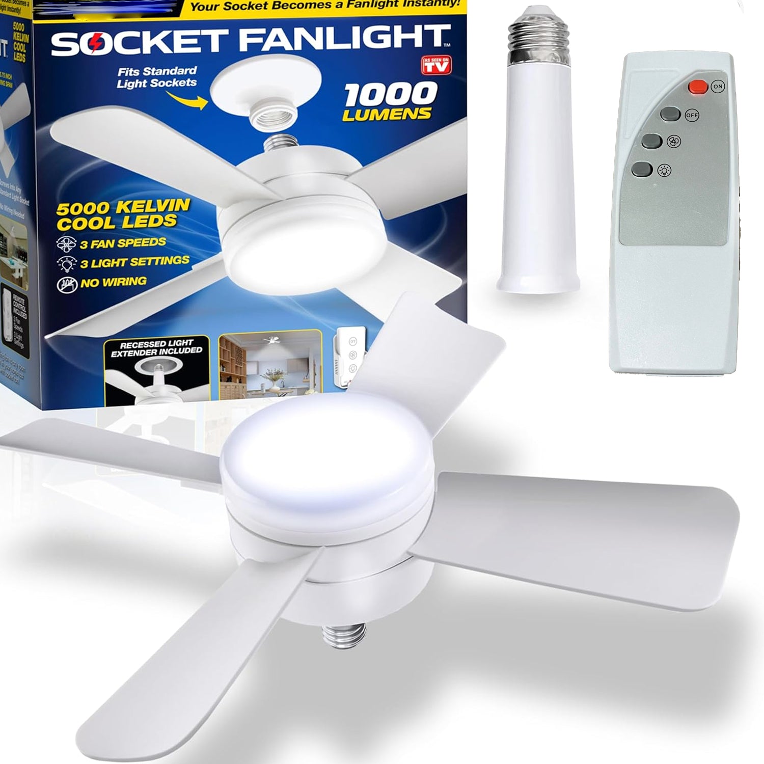 17845 Socket Fan Light Original - Cool Light Led Ceiling Fans With Lights And Remote Control Replacement For Lightbulb - Bedroom Kitchen Living Room1000 Lumens 5000 Kelvins Cool Leds (Remote Battery Not Included) - warehousetech13