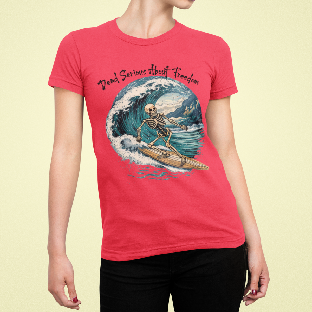 Dead Serious About Freedom Surfing Skeleton T-Shirt - Black