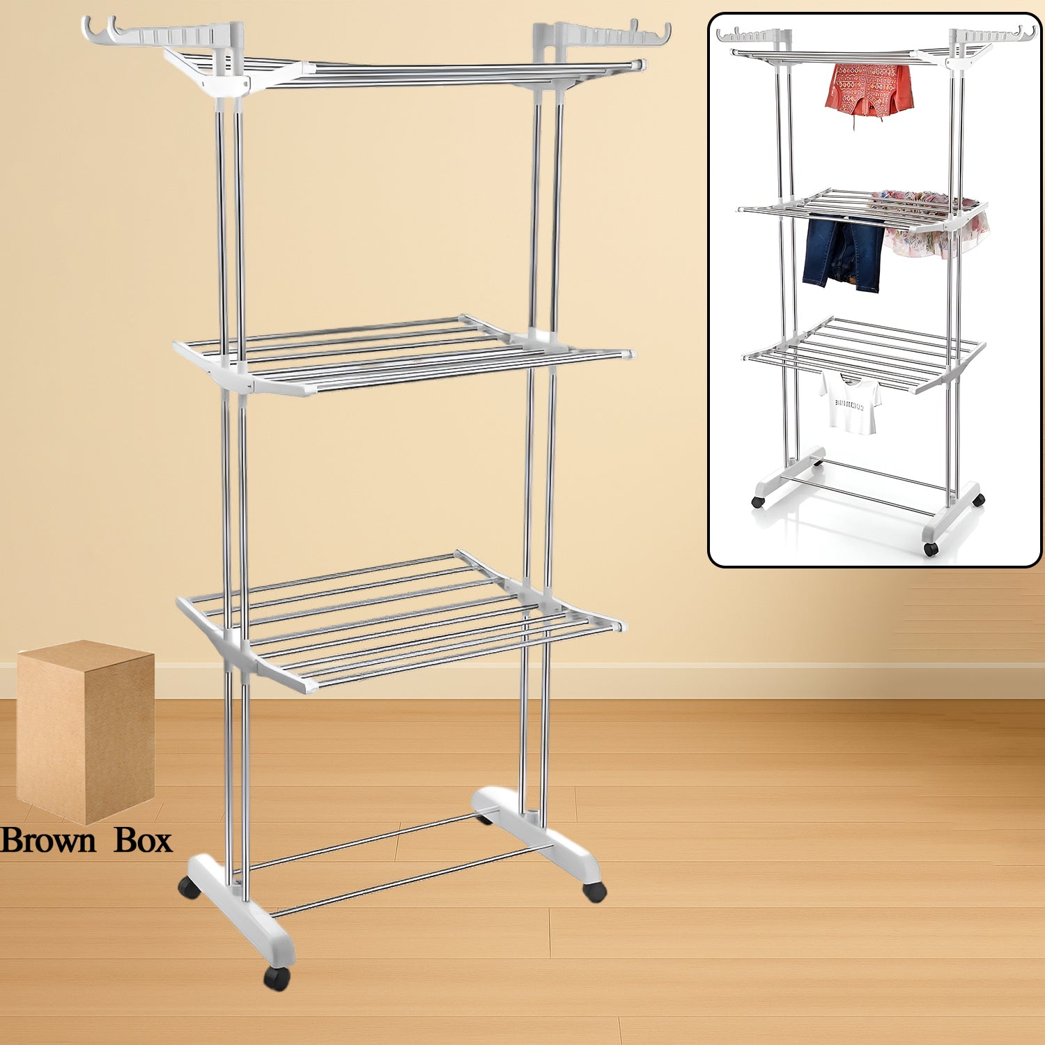 3-tier Foldable Stainless Steel Cloth Drying Stand With Wheels - warehousetech13