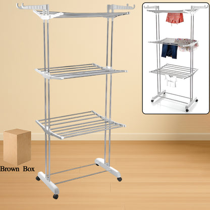 3-tier Foldable Stainless Steel Cloth Drying Stand With Wheels - warehousetech13