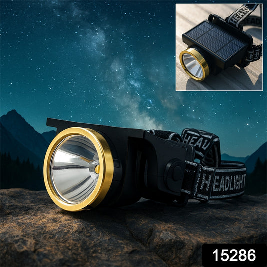 Wukusy rechargeable solar LED headlamp with adjustable strap against a starry night sky.