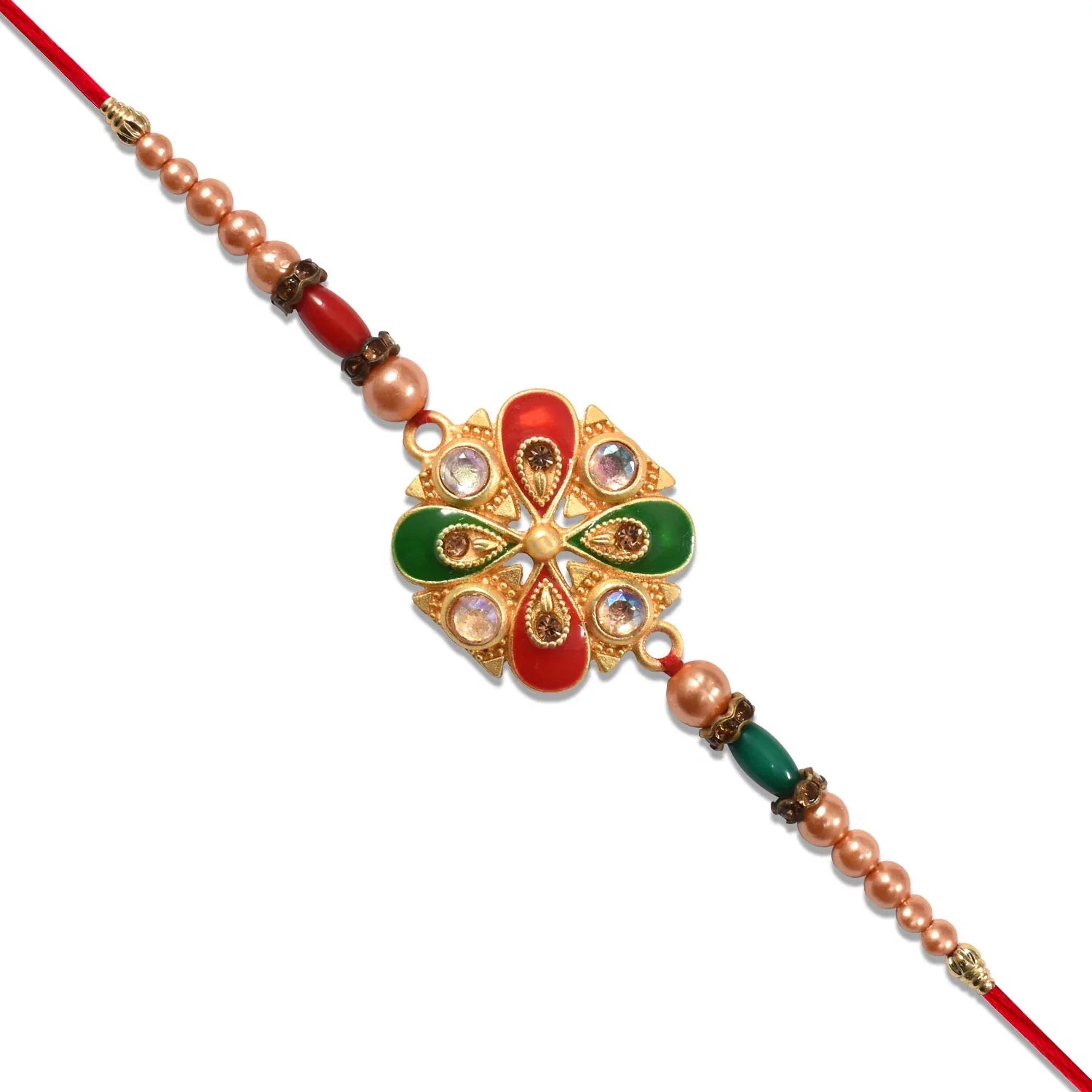 Elegant Meenakari Rakhi With Red-green Enamel Stones - warehousetech13