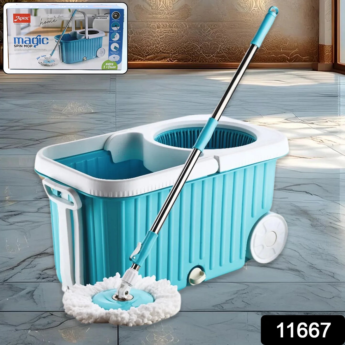 Apex Magic 360 Spin Mop Cleaning System With Stainless Steel Spinner - warehousetech13