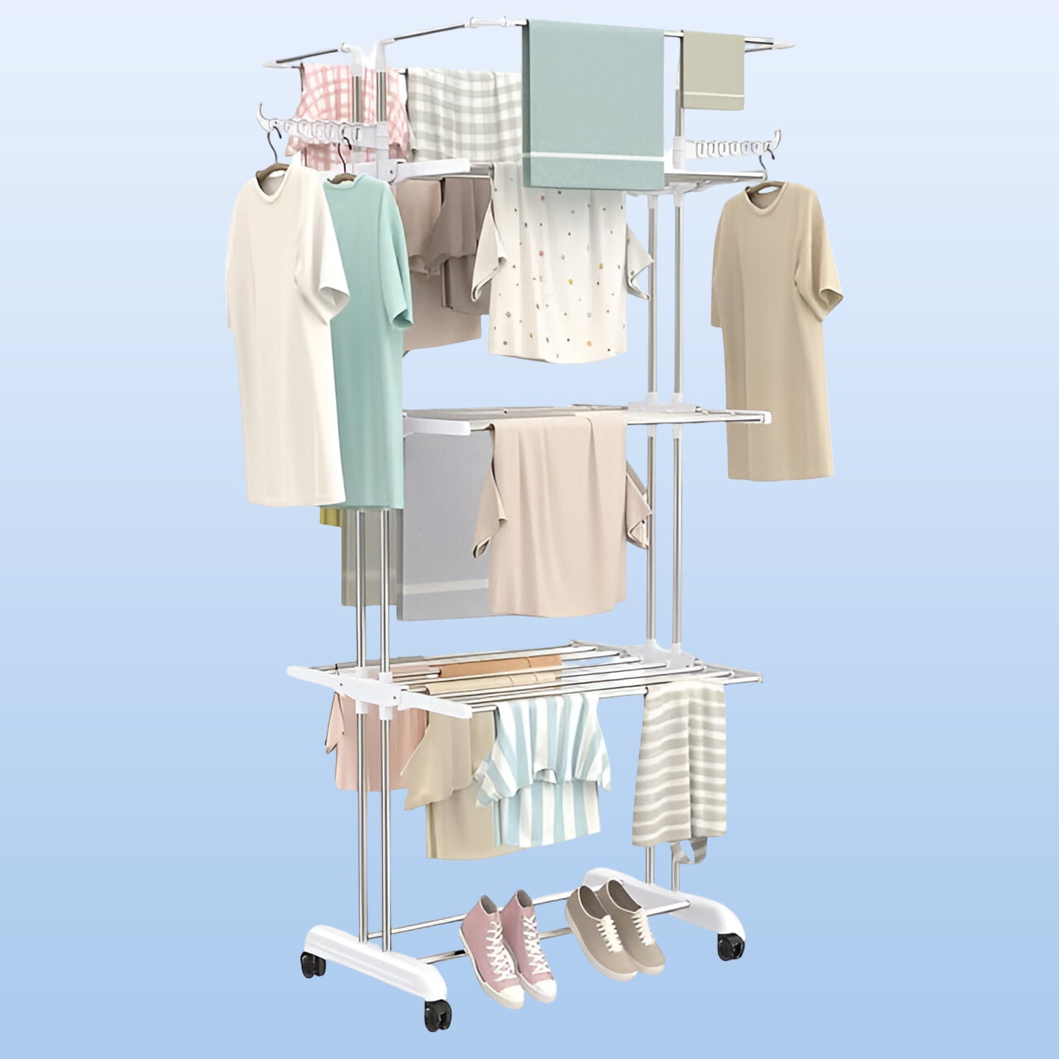 3-tier Foldable Stainless Steel Cloth Drying Stand With Wheels - warehousetech13