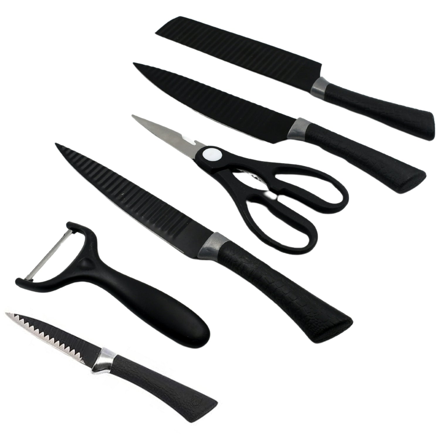 5629 6 Pieces Professional Kitchen Knife Set Meat Knife Chefs Knife With Non-slip Handle For Home Kitchen And Restaurant With Chef Peeler And Scissor (Stainless Steel 6 Pcs Set) - warehousetech13