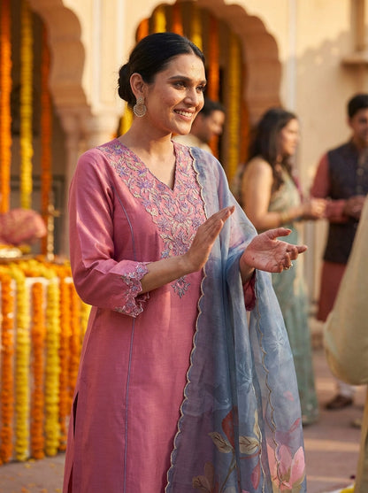 Kayra Blush Pink Embroidered A-Line Suit Set - Chinnon Silk with Cotton Lining