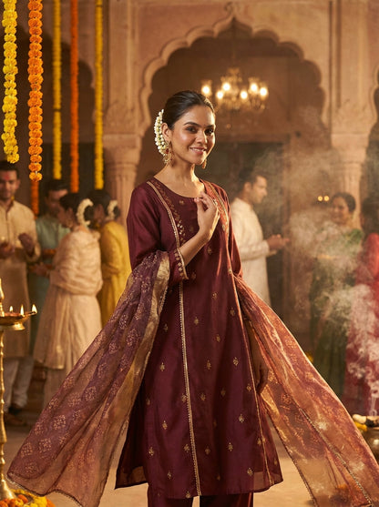 Kayra Maroon Sequins A-Line Suit Set with Lace Borders - Chinnon Silk