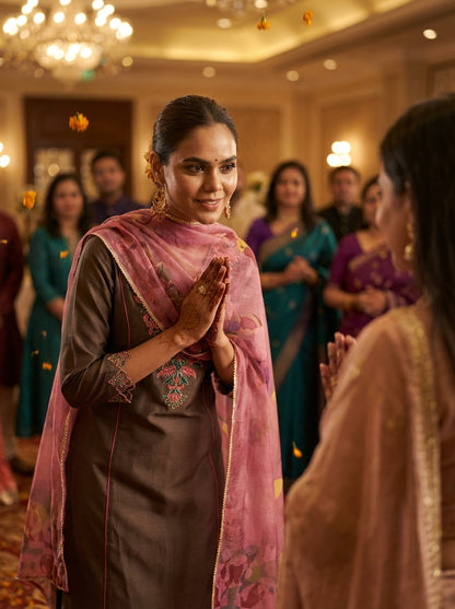 Kayra Brown Beaded Embroidered Chinnon Silk A-Line Suit Set with Cotton Lining