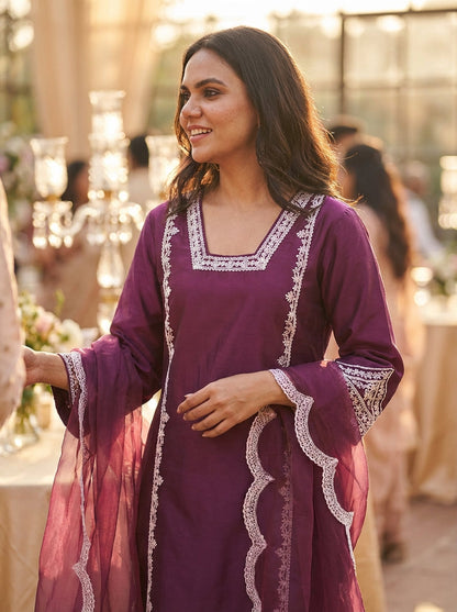Kayra Wine Aari Embroidered Chinnon Silk A-Line Suit Set with Cotton Lining