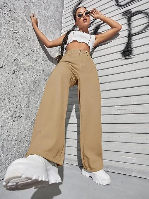 Womens High Rise Wide Beige Jeans - warehousetech13