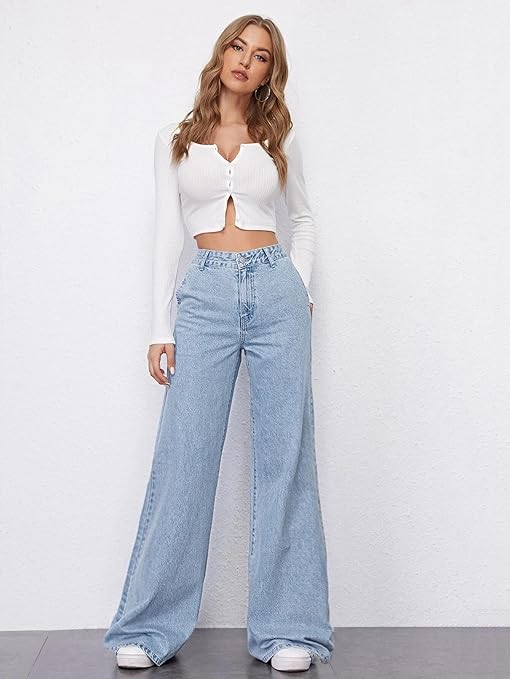 Womens High Rise Wide Light Blue Jeans - warehousetech13