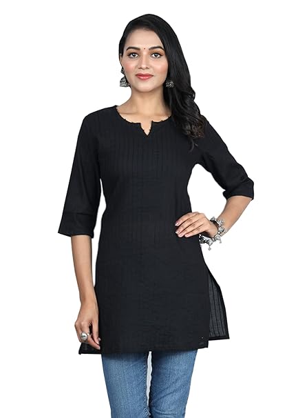 Black Women Cotton V-Neck Short Kurtis - warehousetech13