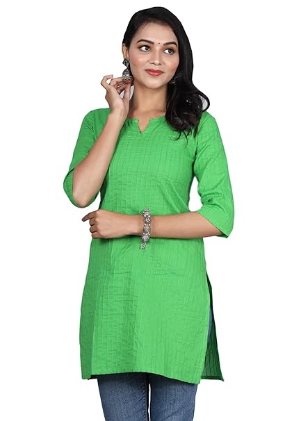 Green Women Cotton V-Neck Short Kurtis - warehousetech13