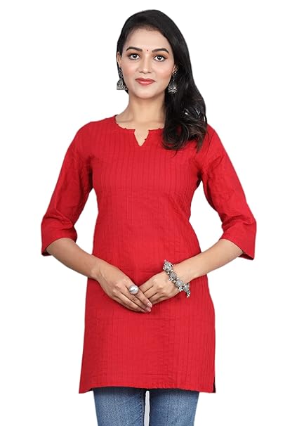 Red Women Cotton V-Neck Short Kurtis - warehousetech13