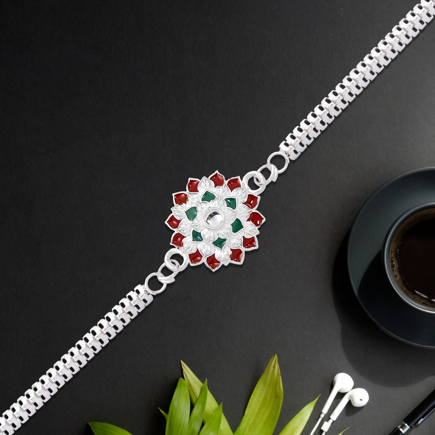 Traditional Floral Rakhi With Red Green Stones Silver Designer Rakhi For Brother - warehousetech13