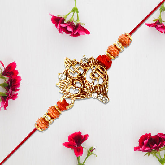 Spiritual Symbol Rakhi With Om Swastik Rudraksha Beads - warehousetech13