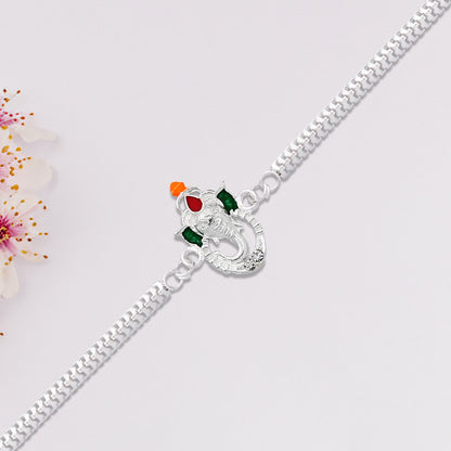 Stylish Ganesha Rakhi With Enamel Highlights And Silver Metal Chain - warehousetech13