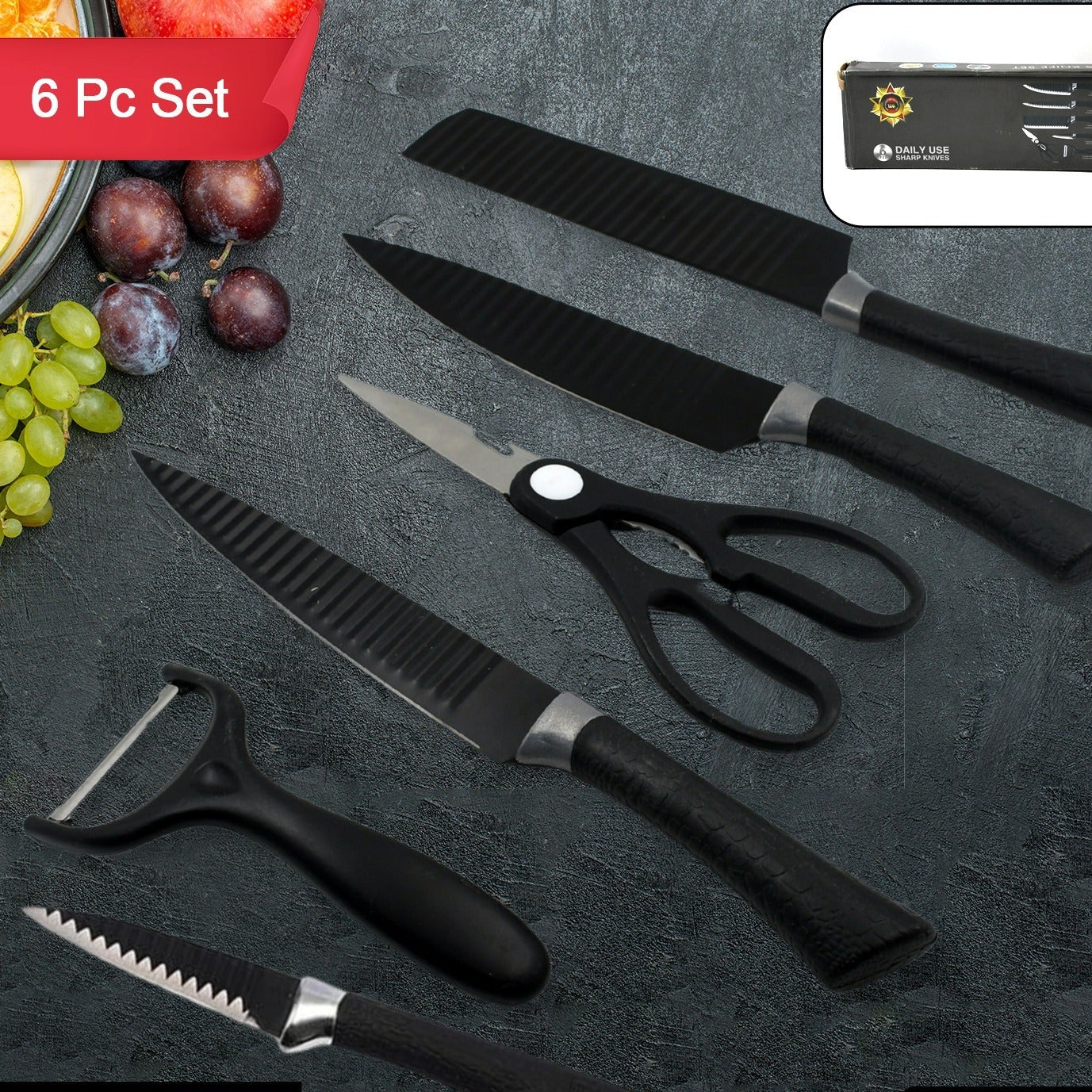 5629 6 Pieces Professional Kitchen Knife Set Meat Knife Chefs Knife With Non-slip Handle For Home Kitchen And Restaurant With Chef Peeler And Scissor (Stainless Steel 6 Pcs Set) - warehousetech13