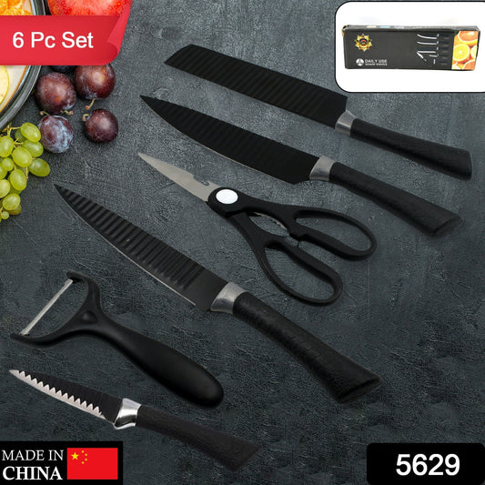 5629 6 Pieces Professional Kitchen Knife Set Meat Knife Chefs Knife With Non-slip Handle For Home Kitchen And Restaurant With Chef Peeler And Scissor (Stainless Steel 6 Pcs Set) - warehousetech13