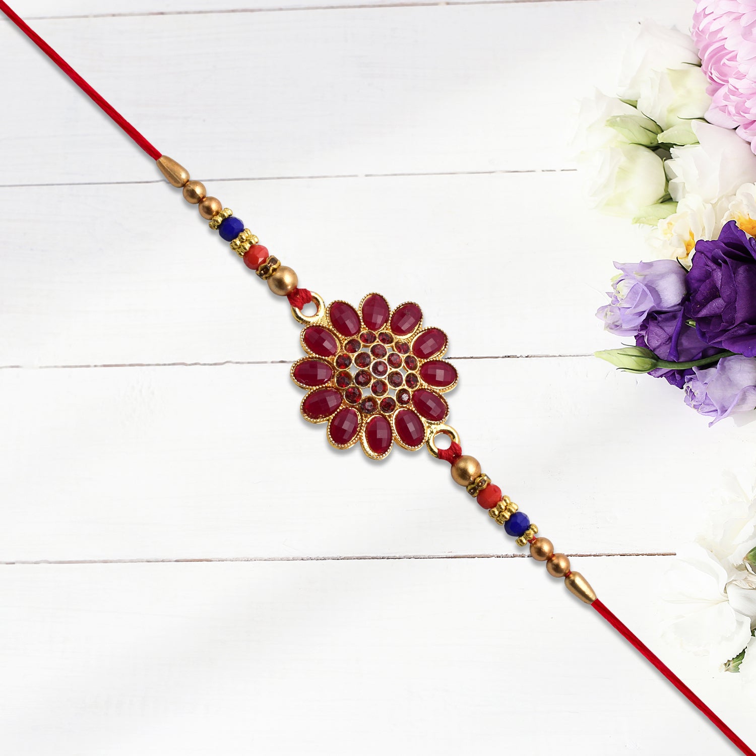 Red Floral Stone Rakhi With Bead Accents - warehousetech13