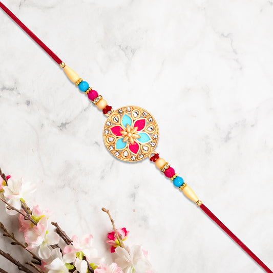 Round Floral Rakhi With Pink-blue Enamel And Beaded Thread - warehousetech13