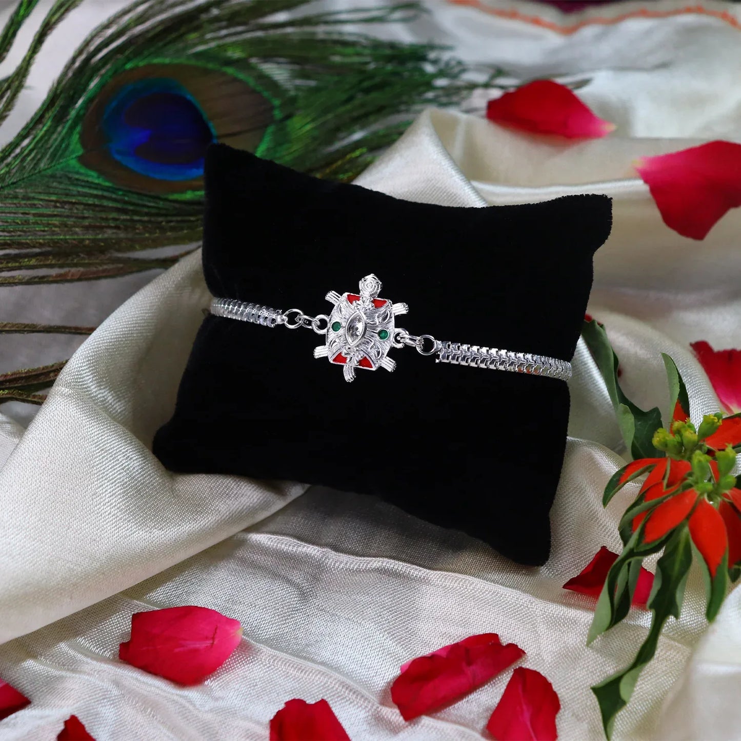 Designer Turtle Rakhi With Silver Finish And Enamel Highlights - warehousetech13