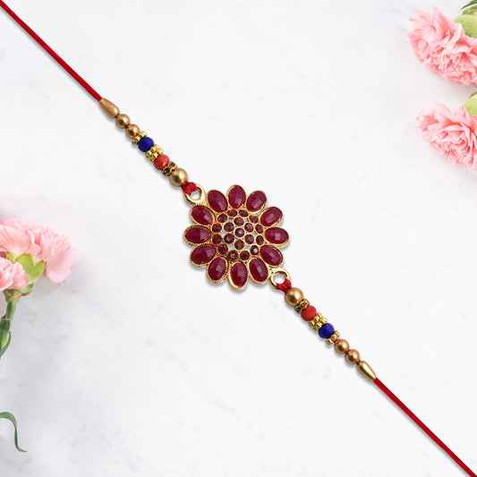 Red Floral Stone Rakhi With Bead Accents - warehousetech13